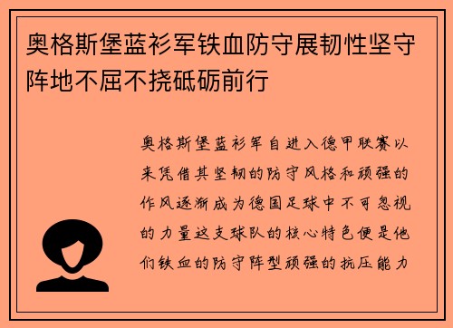 奥格斯堡蓝衫军铁血防守展韧性坚守阵地不屈不挠砥砺前行