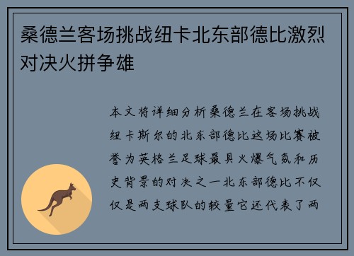 桑德兰客场挑战纽卡北东部德比激烈对决火拼争雄