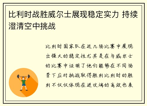 比利时战胜威尔士展现稳定实力 持续澄清空中挑战