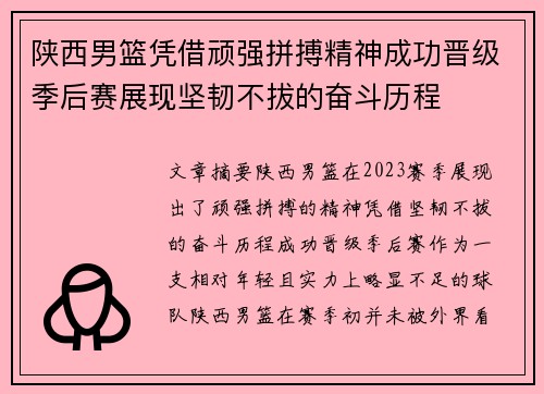 陕西男篮凭借顽强拼搏精神成功晋级季后赛展现坚韧不拔的奋斗历程