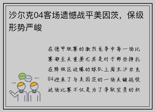 沙尔克04客场遗憾战平美因茨，保级形势严峻