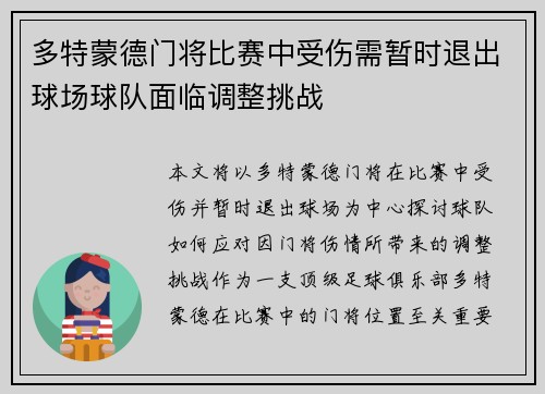 多特蒙德门将比赛中受伤需暂时退出球场球队面临调整挑战