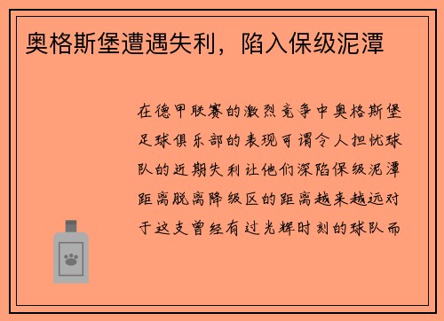 奥格斯堡遭遇失利，陷入保级泥潭