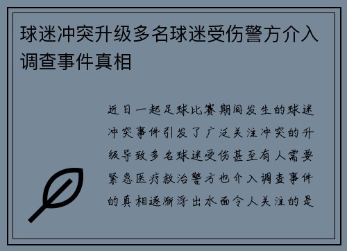 球迷冲突升级多名球迷受伤警方介入调查事件真相